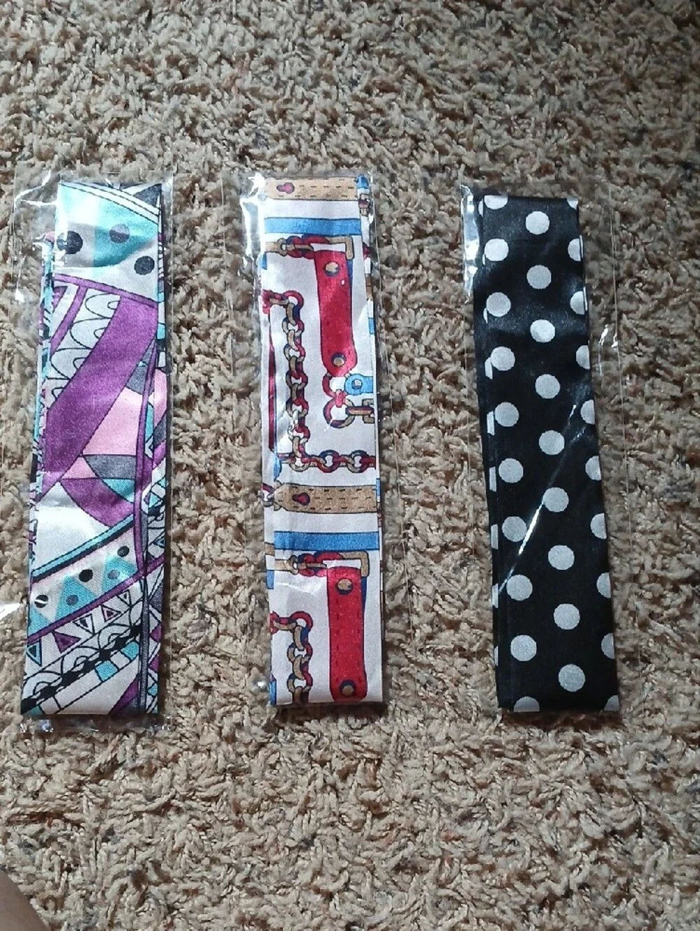 Set of 3 Skinny Satin Hair Scarves - Polka Dot, Chain Print, Geometric Pastel